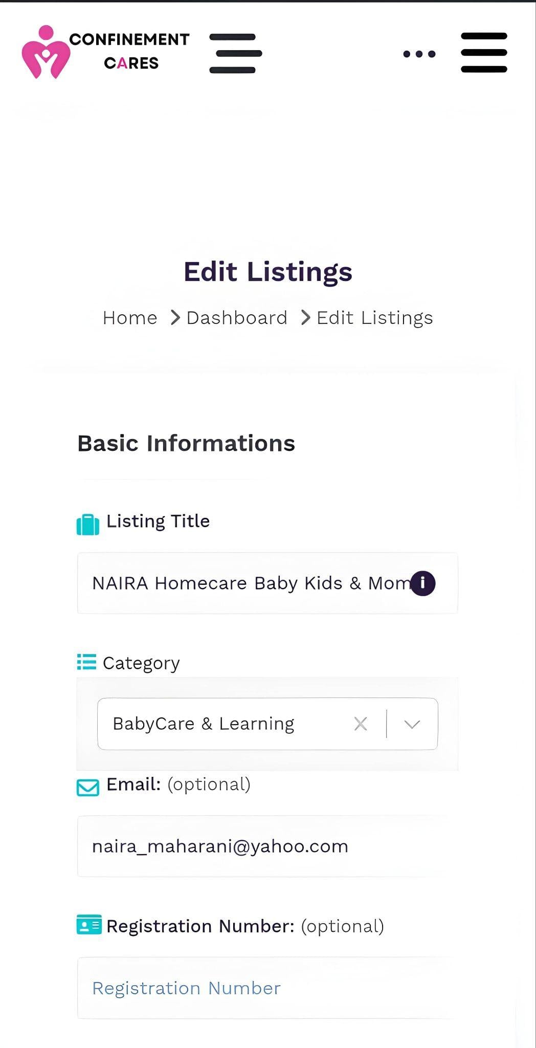 Edit Listing page